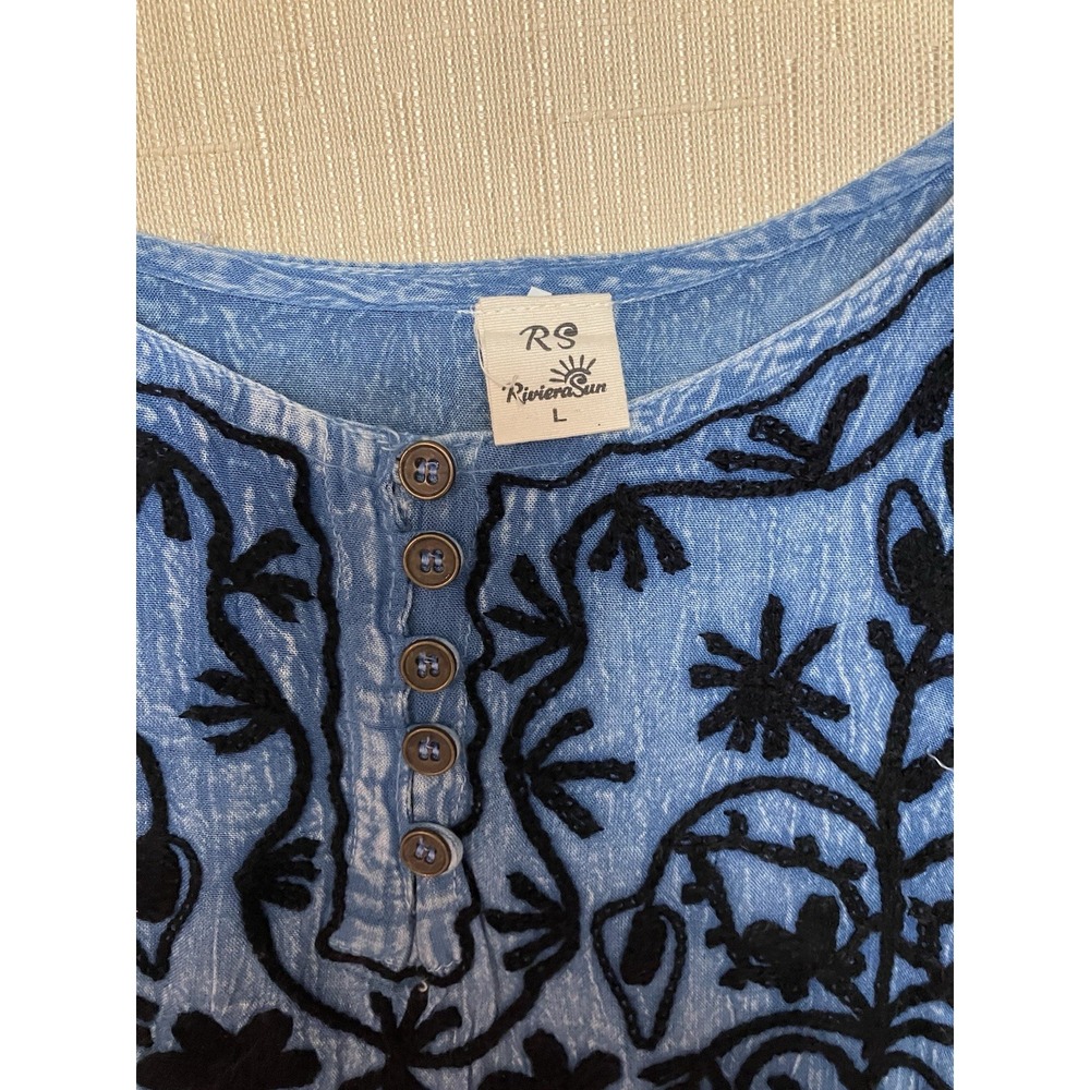 Riviera Sun Flowy Size L Blue Denim Look  Long Sleeve Tunic Boho Women's Dress